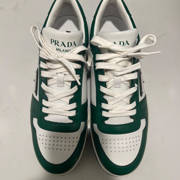 Prada Men Downtown Sneakers US11 UK10 Green White Leather Triangle Logo Low Top - Picture 2 of 11